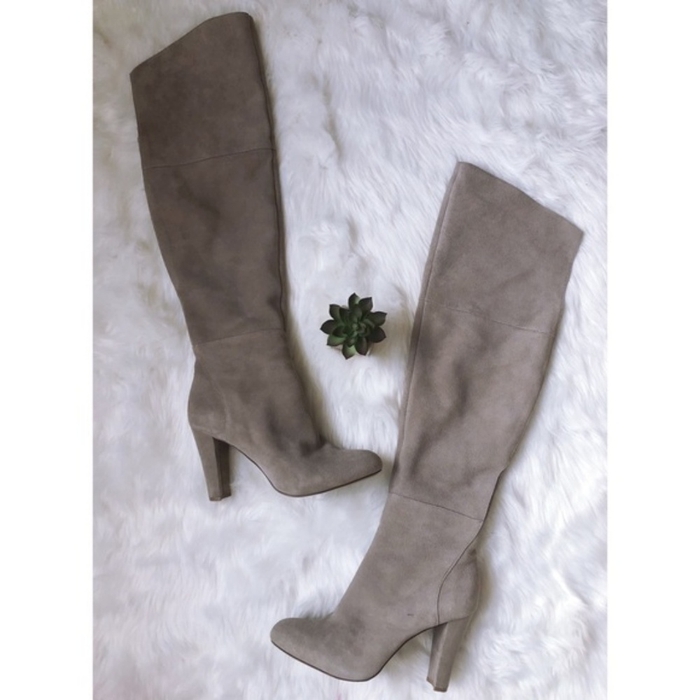 WHBM OTK Suede Boots Beige Tan Grey Taupe Knee